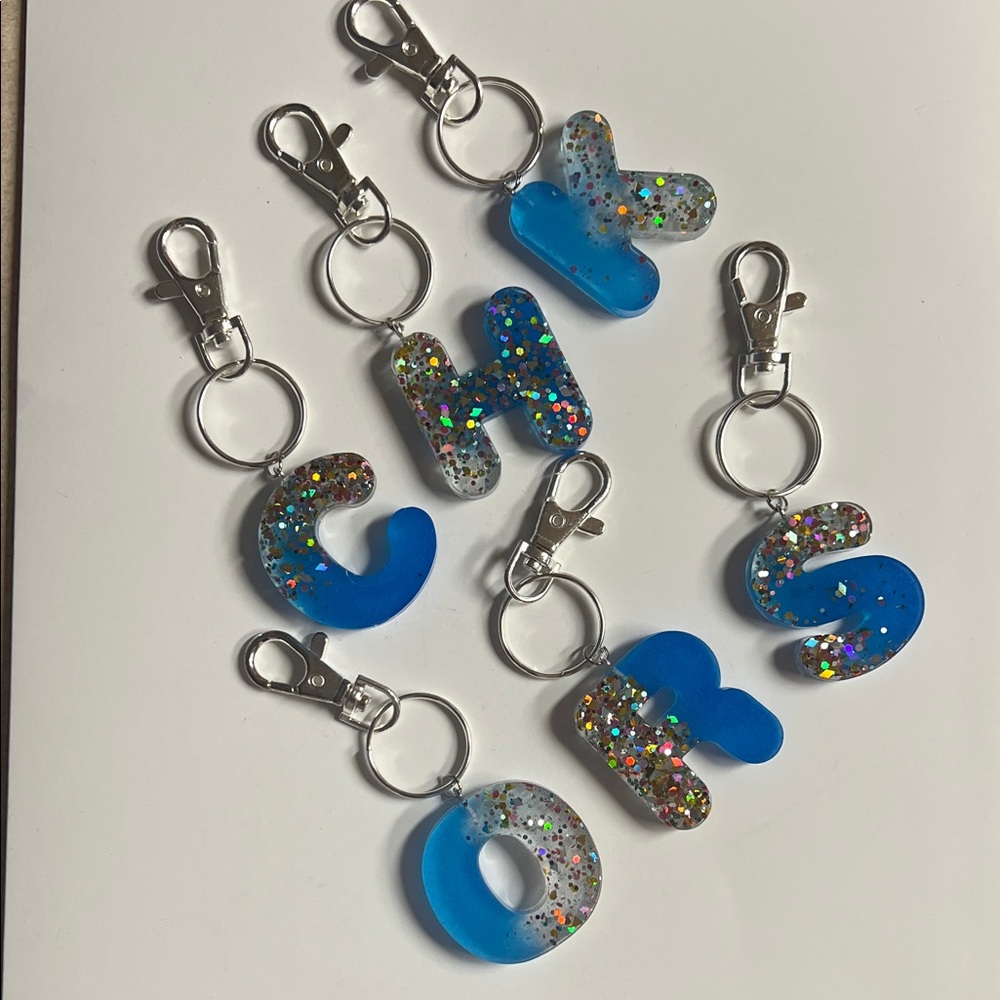 2 for $9 Handmade Blue and Silver Glitter Initials Keychain Epoxy Resin
